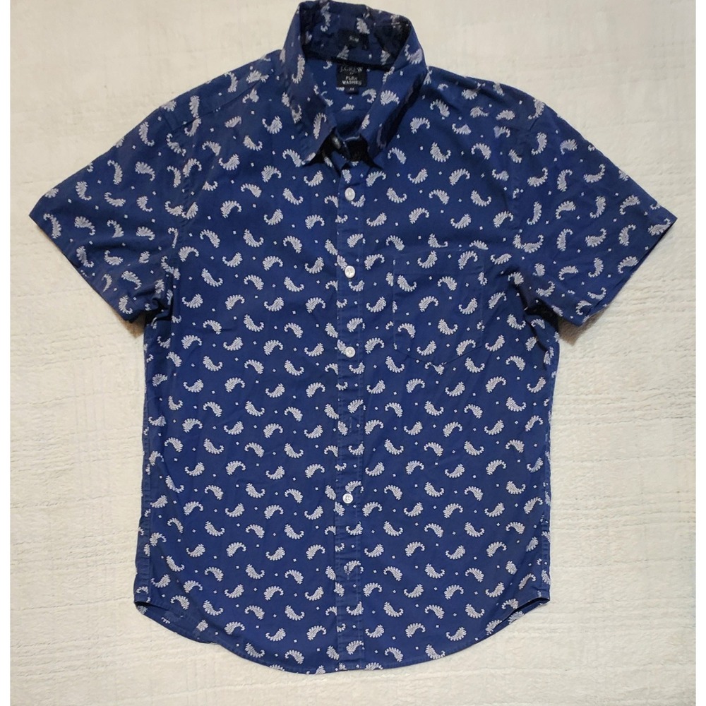 J.Crew Men's‎ Medium Paisley Print Button Down Blue Short Sleeve Slim Fit Shirt